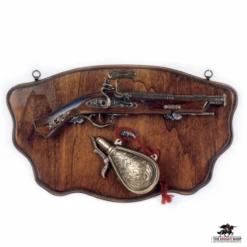Display Plaque With Pistol & Flask - 17th Century