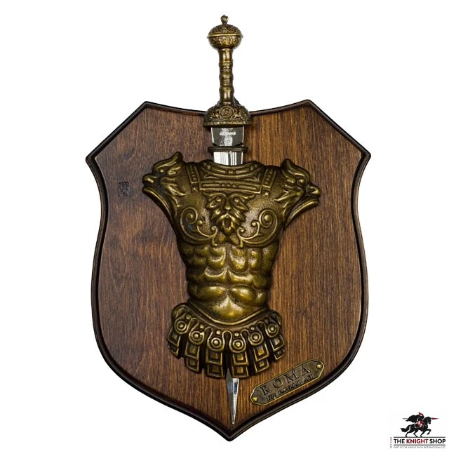 Miniature Gladius And Roman Cuirass On Display Plaque 1 Miniature Gladius And Roman Cuirass On Display Plaque